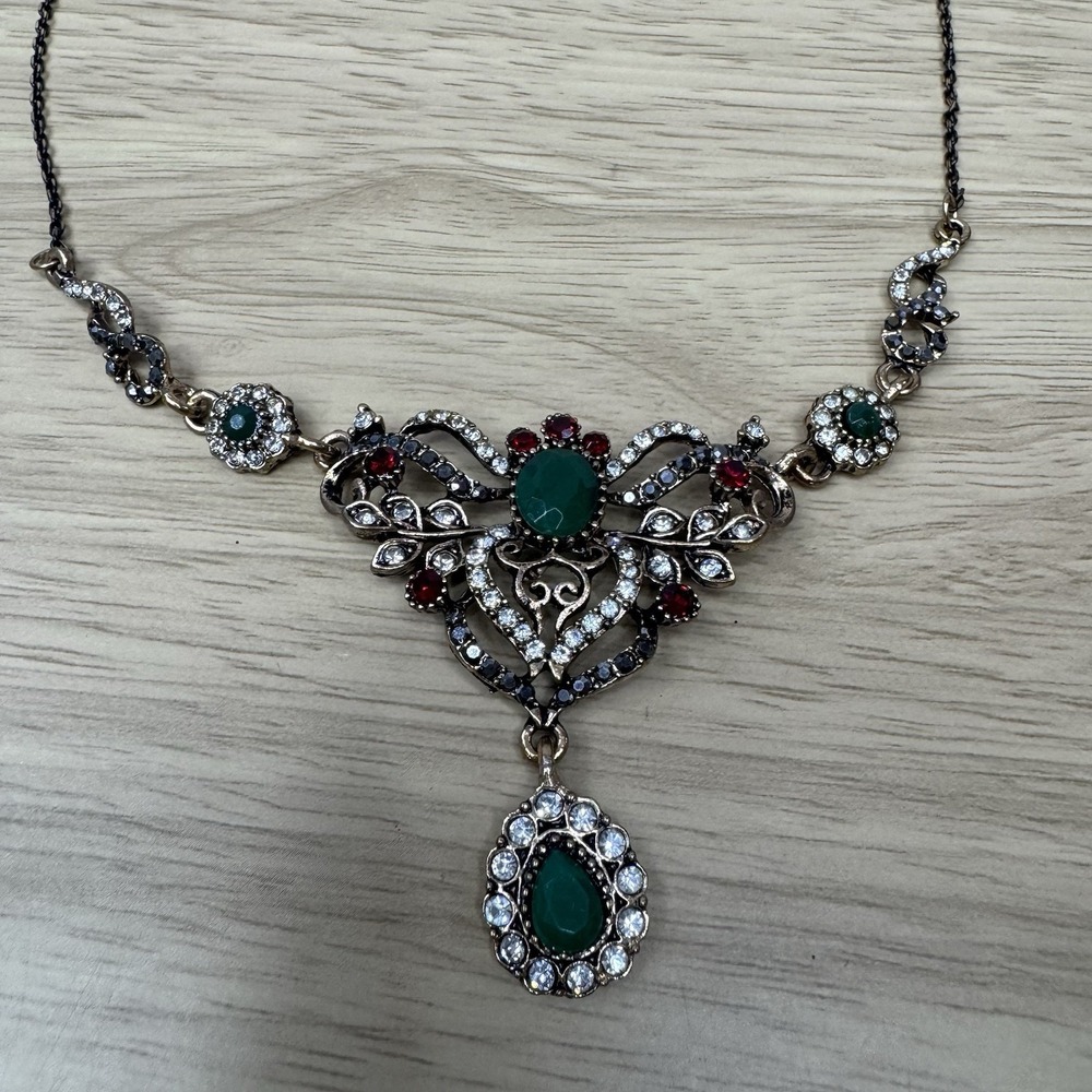 Betsey Johnson Turkish Style Necklace Crystal Floral Green Red White Rhinestones